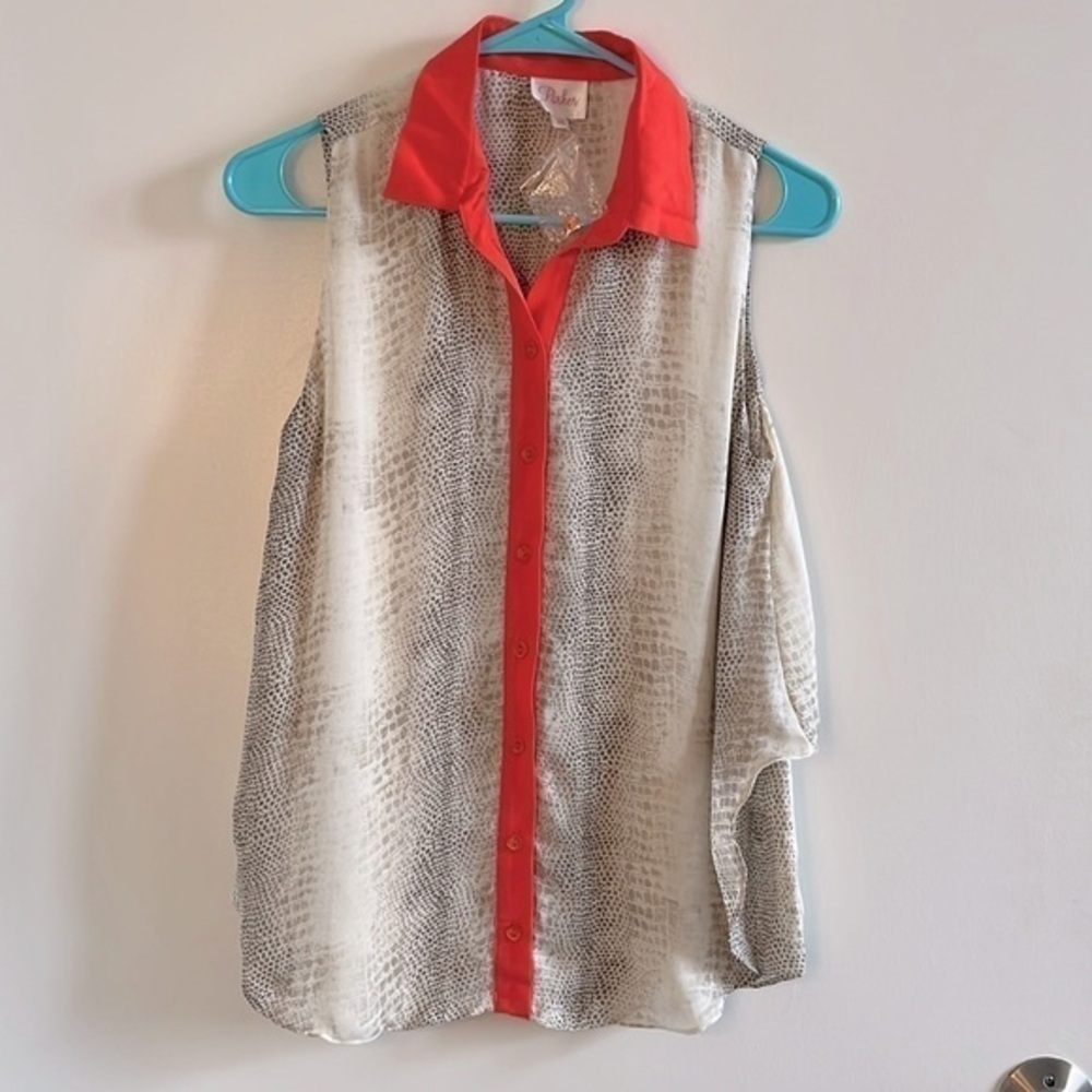 Parker Snakeskin Print 100% Silk Button Down Tank (Tan/Orange)​​​​​​​​​​​​​​​